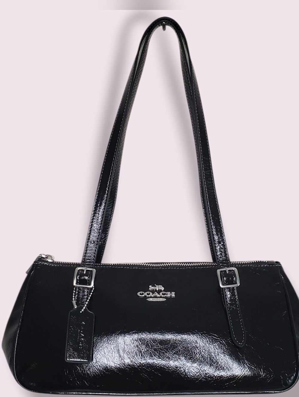 Coach Asher Shoulder Bag Black Glazed‎ Leather CBJ05 Silver Hardware NWT